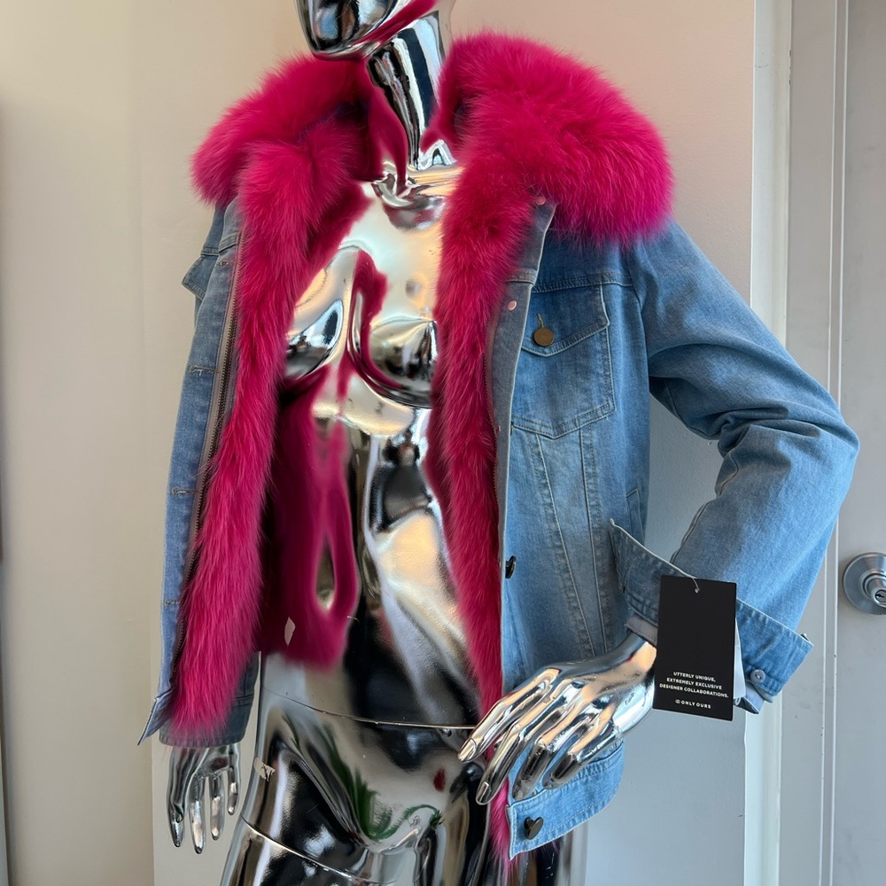 Peri Luxe Denim Jacket With Pink Fox Fur Lining XS